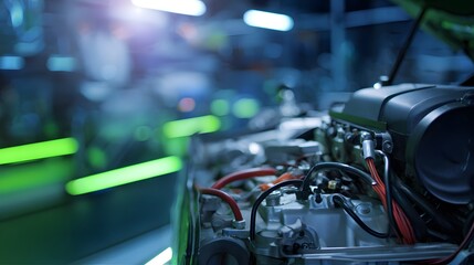 Fototapeta premium Electric Vehicle Motor Close Up Showcasing Sustainable Automotive Engineering Innovation