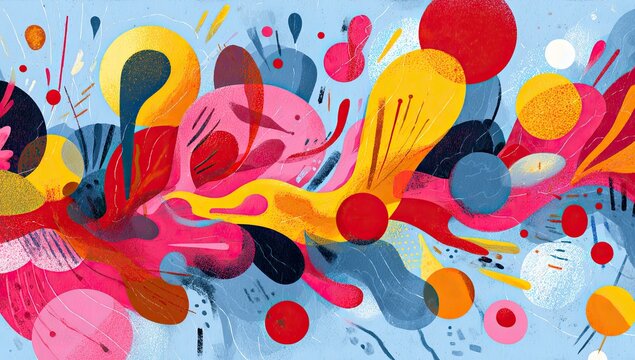 Colorful digital abstract art with various organic shapes and vibrant hues on a pale blue background - Powered by Adobe