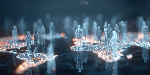 Global network of transparent human figures connected by light