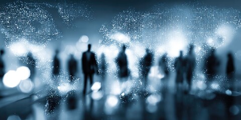 Silhouettes of people within a luminous, abstract world map background