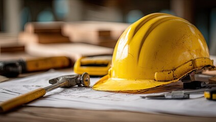 Yellow hard hat rests on blueprints with tools, construction scene