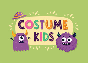 Adorable Halloween monsters costume party invitation for kids with vibrant colors and cute cartoon characters, perfect for children's event celebrations