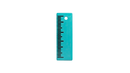 Turquoise Ruler with Black Markings and Hole on White Background