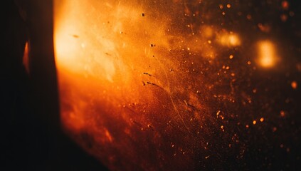 Abstract close-up showcases a blend of warm orange hues, with tiny particles and streaks