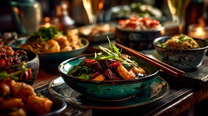 Obraz premium Steaming Asian-inspired dinner with glazed tofu, greens and noodles served on rustic table, perfect for restaurant promo, menu design