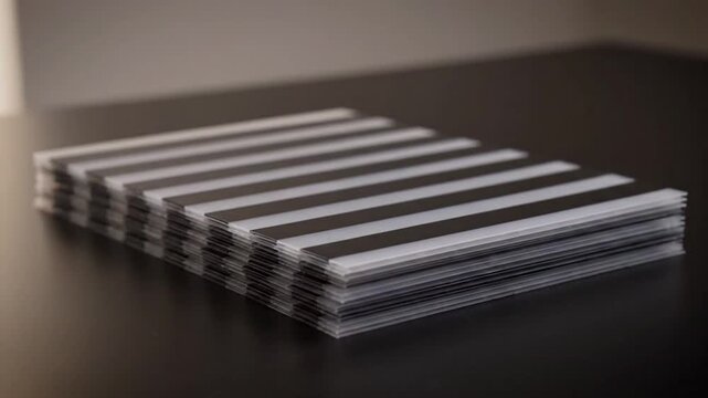 Several stacks of thin, rectangular objects featuring a black and white striped pattern on a dark table