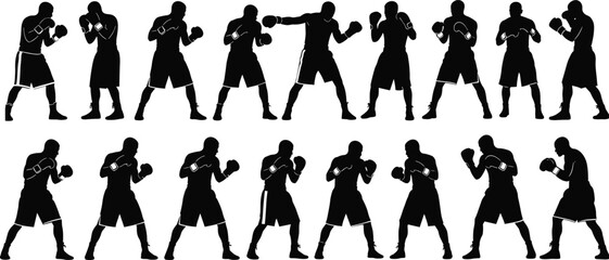 Boxing fighter silhouette set, male boxer training punches, combat sport action poses, kickboxing workout illustration, isolated black figures on white