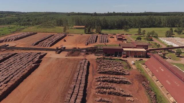 Wide drone panning shot revealing the massive scale of an industrial timber yard with pine logs organized in precise stacks on characteristic red soil, ready for processing at adjacent factory