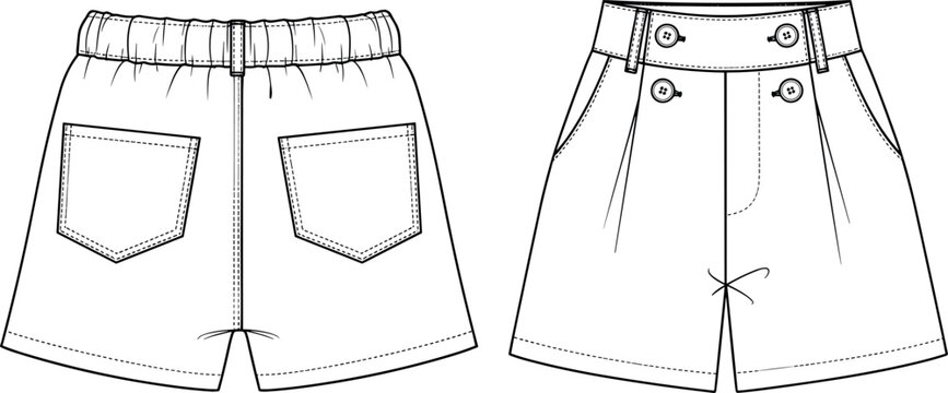Technical fashion sketch (front and back view) of a chic cropped wrap blouse with elbow-length puff sleeves, shirred back, and a wide buckled belt, vector template for modern apparel design.
