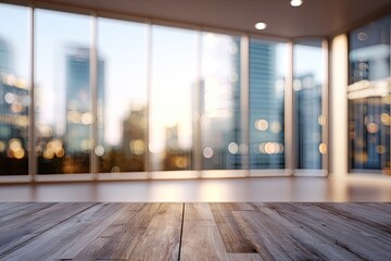 Fototapeta premium Warm, sunlit office space with wooden floor and city skyline backdrop