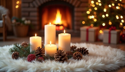 Candles and pinecones on a soft fur rug with a burning fireplace and Christmas tree background