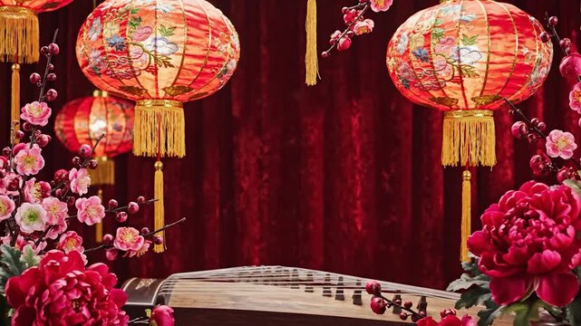 Traditional Chinese lanterns, flowers, and a zither on a velvet backdrop