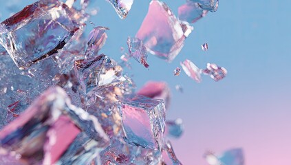 Shattered ice cubes with pink and blue light reflections floating in air