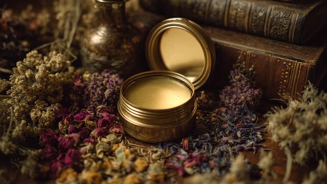 4K Vintage apothecary balm in gold tin surrounded by dried herbs, flowers, old books, and ornate metal vessel video