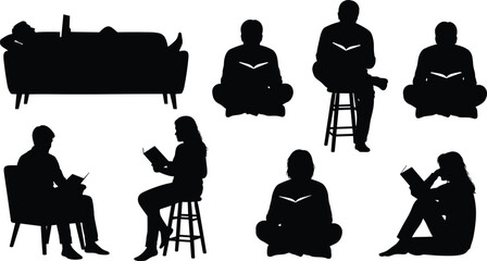 People reading book silhouettes relaxing seated poses, education knowledge concept, leisure lifestyle activity, isolated reader illustration collection