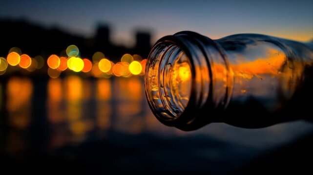 Close up of an empty glass bottle against an out of focus sunset backdrop