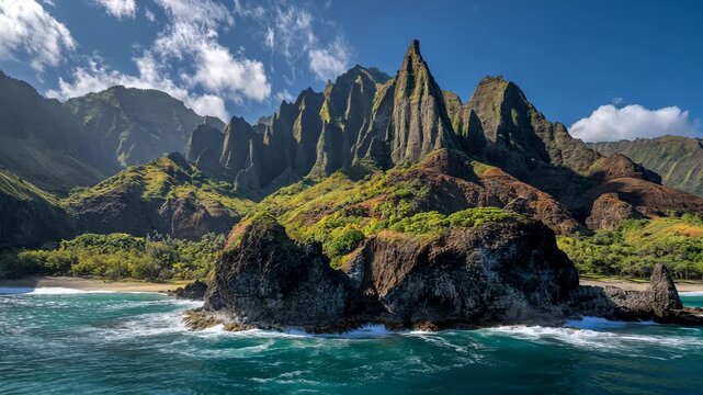 4K Dramatic view of the na pali coast sea cliffs and ocean waves on kauai, hawaii, usa video