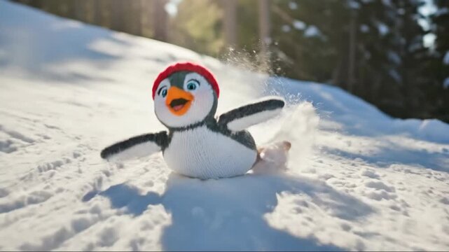 Knitted toy penguin sledding and sliding down snowy hill in winter forest, a fun animation concept for kids entertainment and holiday