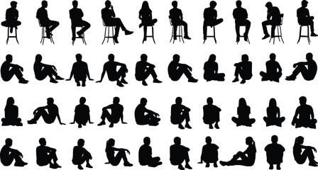 People silhouettes sitting poses on stools and floor, male female casual figures, lifestyle body positions, isolated character illustration collection set