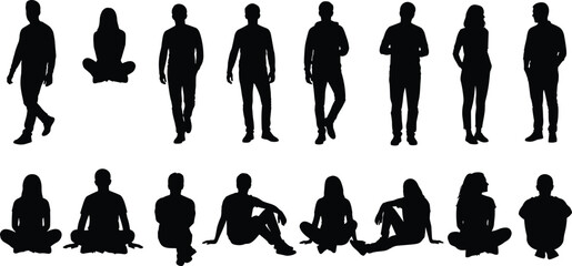 People silhouettes standing sitting walking poses, male female casual human figures, lifestyle body positions, isolated modern character illustration collection