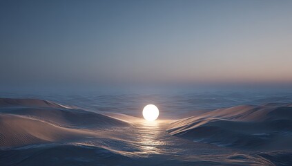 Ethereal glowing orb rises over tranquil water, illuminating sand dunes at twilight