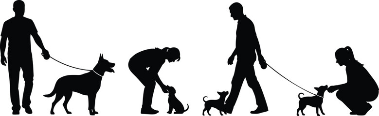 People walking dogs silhouettes showing pet care activities, human and animal interaction poses, black figures isolated on white background illustration