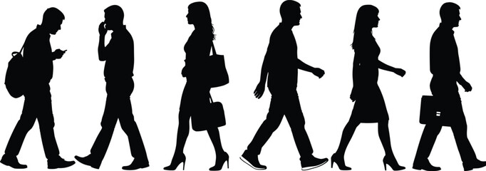 People silhouettes walking profiles using phone and bags, male female commuters lifestyle, urban daily movement, isolated modern city illustration collection