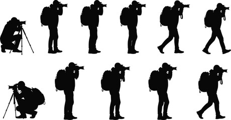 Photographer silhouettes using camera and tripod, professional outdoor photography poses, backpack travel photographer actions, isolated creative illustration set
