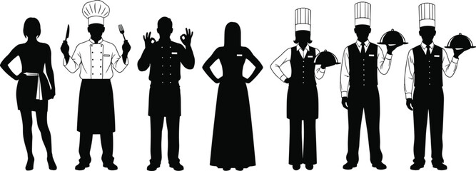 Restaurant staff silhouettes collection, chefs waiters servers uniforms poses, hospitality service professionals, catering kitchen team, isolated human illustration set