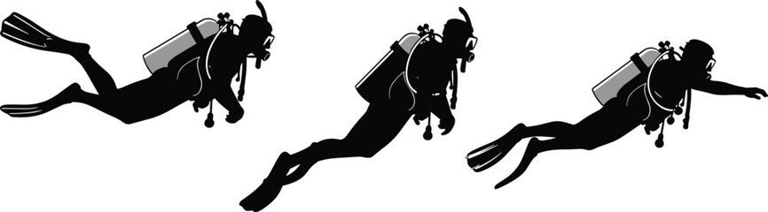 Scuba diver silhouettes swimming underwater with oxygen tanks, professional diving action poses, black human figures isolated on white background illustration