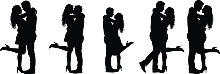 Romantic couple silhouette hugging kissing poses, loving man woman embrace, relationship passion concept, intimate moments, isolated black human figures
