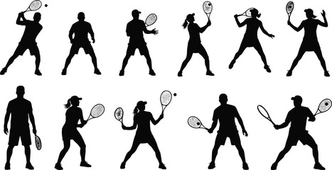 Tennis player silhouettes, dynamic racket swing poses, male female athletes training serving hitting, isolated sports action collection