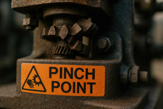 Close up of pinch point hazard warning label on an industrial machine. mechanical gear creates serious safety risk, showing potential danger at factory
