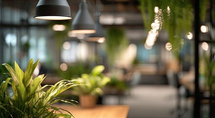 Softly lit interior with lush greenery and warm overhead lights