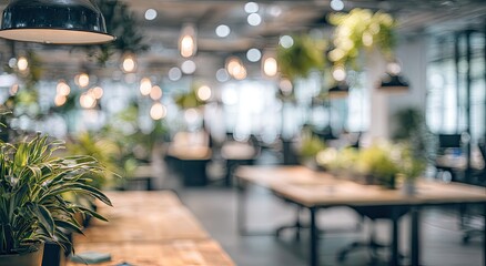 Blurred view of a modern office with abundant plants and hanging lights