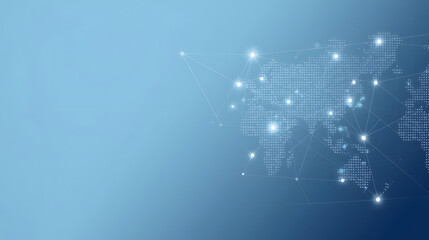 Global network connections map with bright nodes on blue background