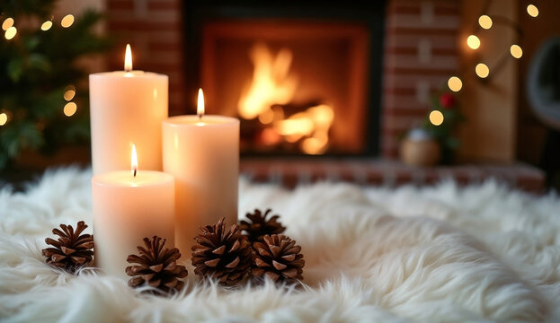Candles and pinecones on a soft fur rug with a burning fireplace and Christmas tree background - Powered by Adobe