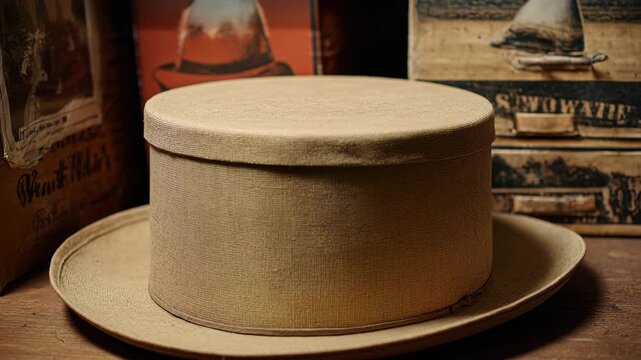 4K Vintage beige hat box with textured surface resting on a wooden table with old hat boxes in the background video