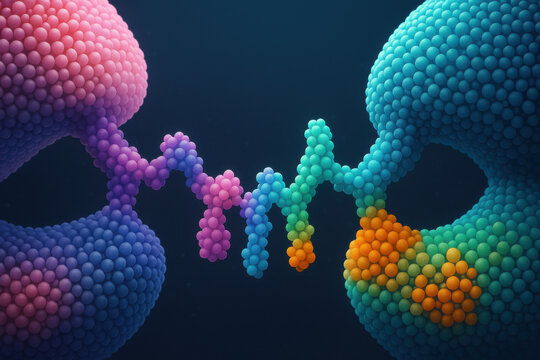 Futuristic cellular visualization of immune recognition. Colorful protein structure showing complex antigen interface, representing microscopic and scientific connection