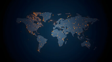 Global network connections on a dark blue world map background