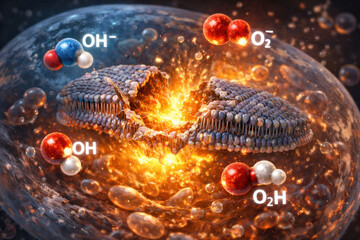 Molecular illustration depicting oxidative stress with free radical particles attacking cellular membrane causing biological damage and inflammatory response in scientific visualization