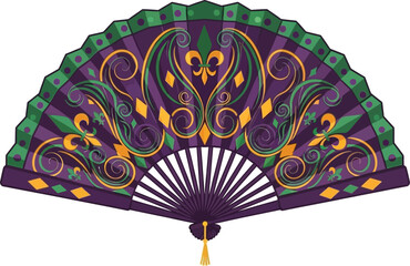 Mardi Gras Folding Fan Vector with Fleur de Lis Design