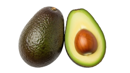 Ripe avocado fruit isolated PNG, whole and halved on transparent background, healthy eating and vegetarian diet concept