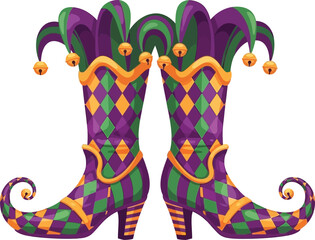 Mardi Gras Jester Boots Vector with Harlequin Pattern