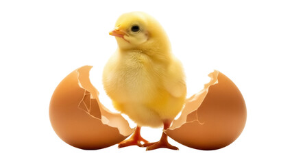 Adorable yellow chick PNG isolated, emerging from a cracked eggshell on transparent background, symbol of new life and springtime © Cristian