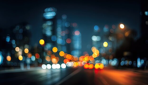 Blurred night city street with bokeh lights reflecting on wet road