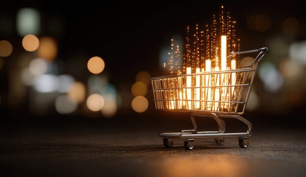 Shopping cart filled with glowing data bars, representing digital commerce