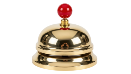 Golden service bell with red button isolated PNG on transparent background, concierge call bell for hotel reception and customer service
