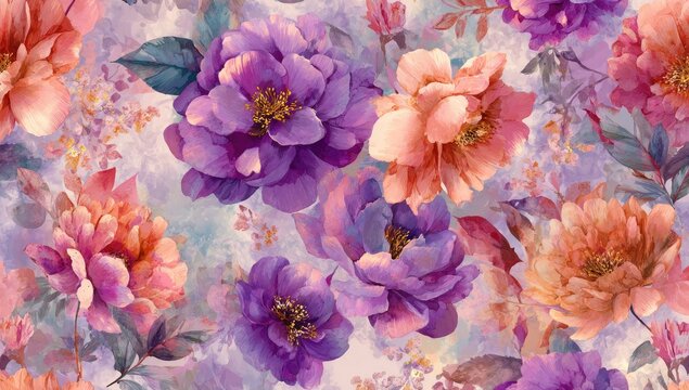 Watercolor floral pattern with soft hues of purple, pink, and orange