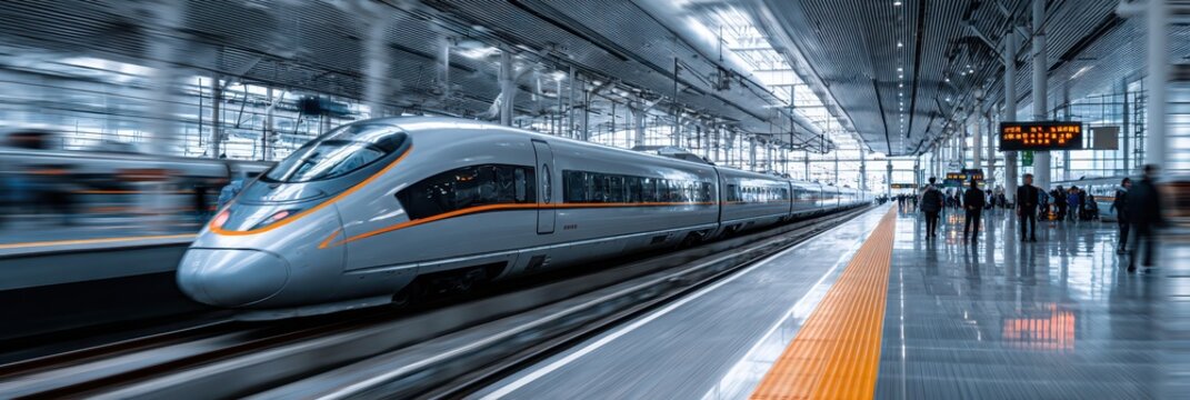 Modern high speed train blurring past station platform